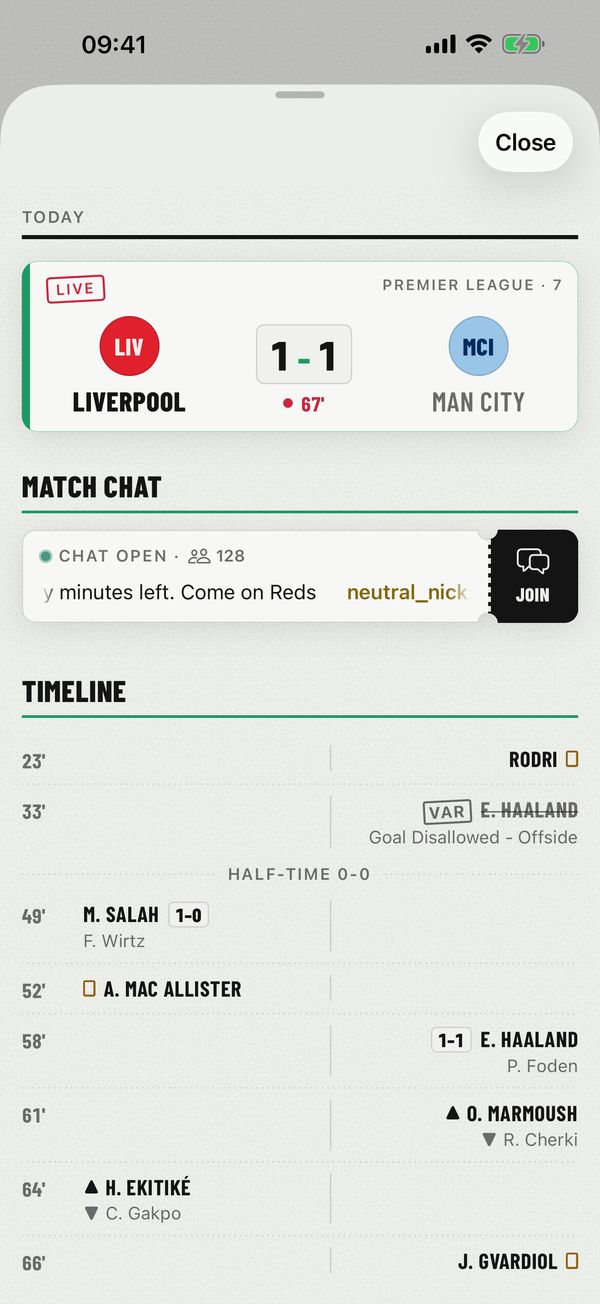 A live match page with the score, the match chat slip and a minute-by-minute timeline.