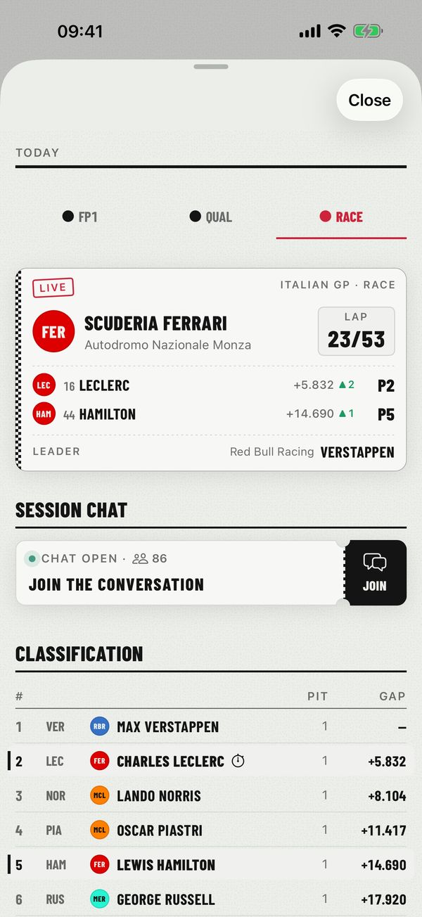 A Formula 1 race weekend with the session strip and the live classification.