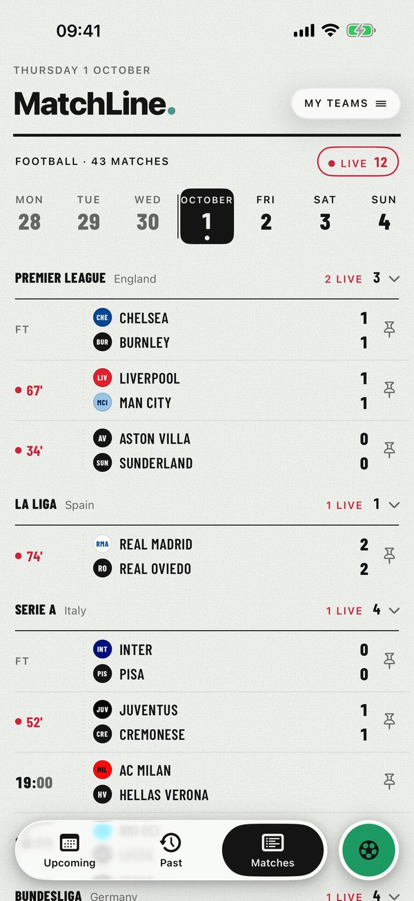 All matches for Thursday 1 October, grouped by league with live minutes in red.