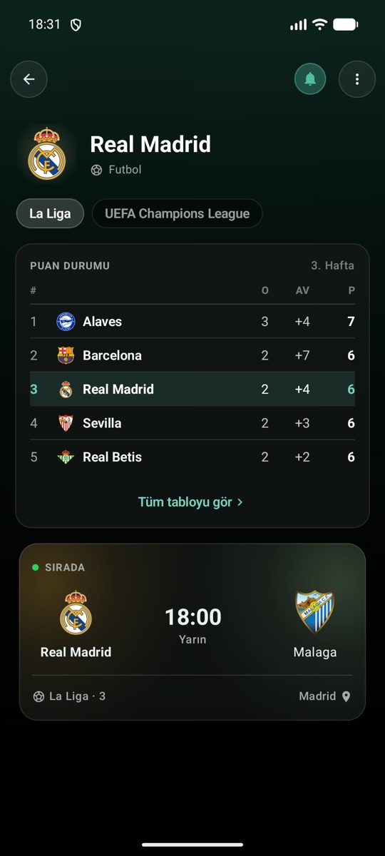 Your team's page — MatchLine screenshot